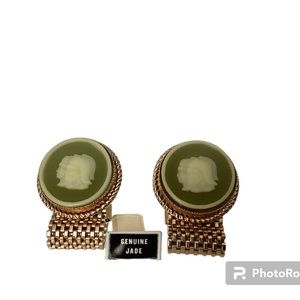 Vintage Genuine Jade Gladiator Cuff Links in GoldTone